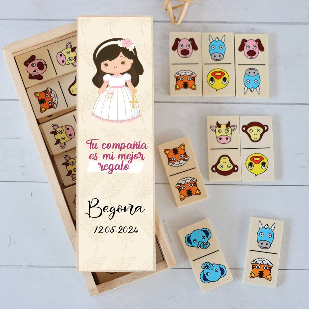 Dominó de animales personalizado con pegatina "Niña beige" Detalles de comunión - Juegos personalizados de comunión
