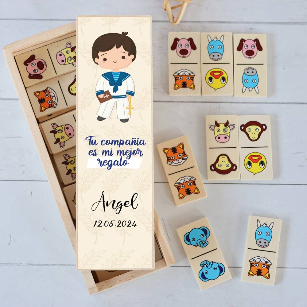Dominó de animales personalizado con pegatina "Beige niño" Detalles de comunión - Juegos personalizados de comunión