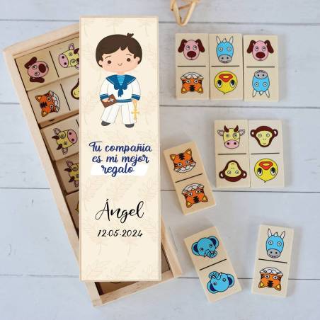 Dominó de animales personalizado con pegatina "Beige niño" Detalles de comunión - Juegos personalizados de comunión