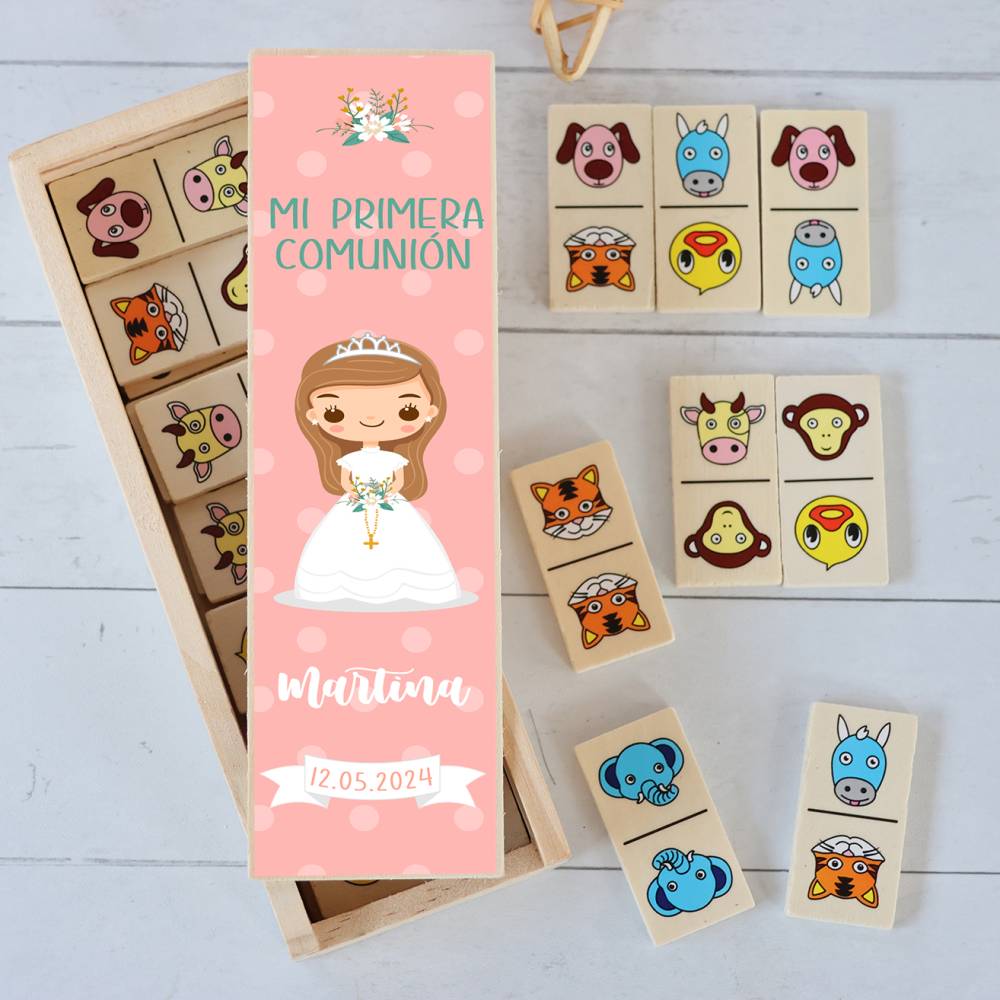 Dominó de animales personalizado con pegatina "Sol" Detalles de comunión - Juegos personalizados de comunión