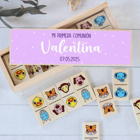 Dominó de animales personalizado con pegatina "Morado" Detalles de comunión - Juegos personalizados de comunión
