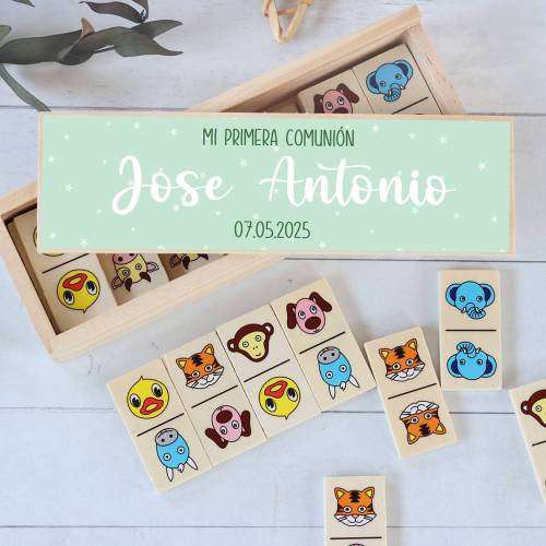 Dominó de animales personalizado con pegatina "Verde" Detalles de comunión - Juegos personalizados de comunión