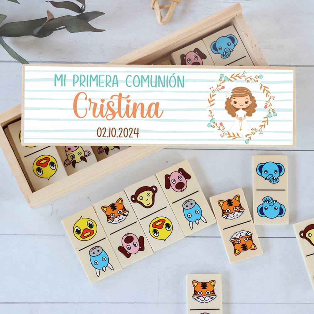 Dominó de animales personalizado con pegatina "Cristina" Detalles de comunión - Juegos personalizados de comunión