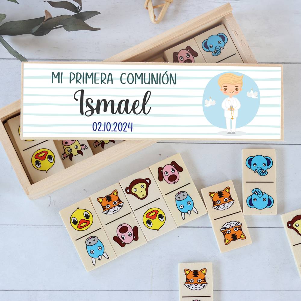 Dominó de animales personalizado con pegatina "Niño rubio" Detalles de comunión - Juegos personalizados de comunión