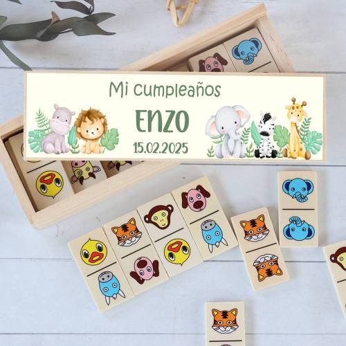 Dominó de animales personalizado con pegatina "Selva" Detalles de cumpleños - Juegos personalizados de cumpleaños