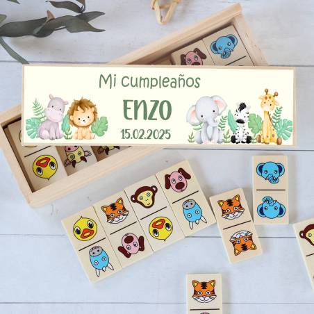 Dominó de animales personalizado con pegatina "Selva" Detalles de cumpleños - Juegos personalizados de cumpleaños