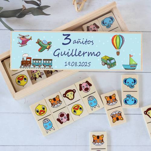 Dominó de animales personalizado con pegatina "Transportes" Detalles de cumpleños - Juegos personalizados de cumpleaños