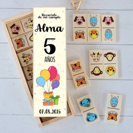 Dominó de animales personalizado con pegatina "Globos" Detalles de cumpleaños - Juegos personalizados de cumpleaños