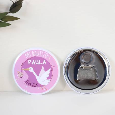 Abridor con imán personalizado "Cigüeña" detalles bautizo - Abridor Imán Personalizado Bautizo