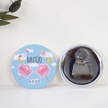 Abridor con imán personalizado "Gemelas" detalles bautizo - Abridor Imán Personalizado Bautizo