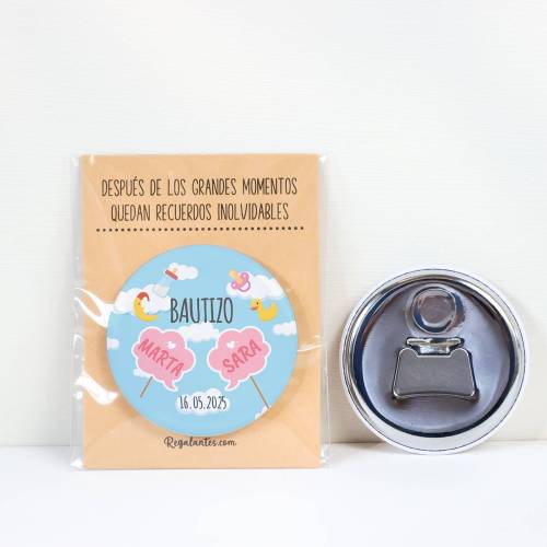 Abridor con imán personalizado "Gemelas" detalles bautizo - Abridor Imán Personalizado Bautizo