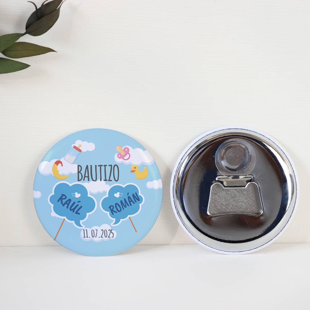 Abridor con imán personalizado "Gemelos" detalles bautizo - Abridor Imán Personalizado Bautizo