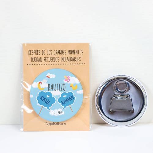 Abridor con imán personalizado "Gemelos" detalles bautizo - Abridor Imán Personalizado Bautizo