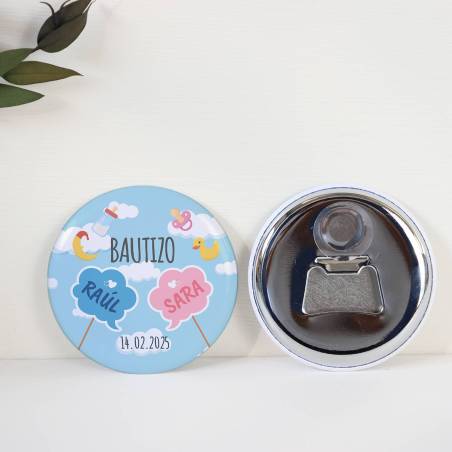 Abridor con imán personalizado "Mellizos" detalles bautizo - Abridor Imán Personalizado Bautizo