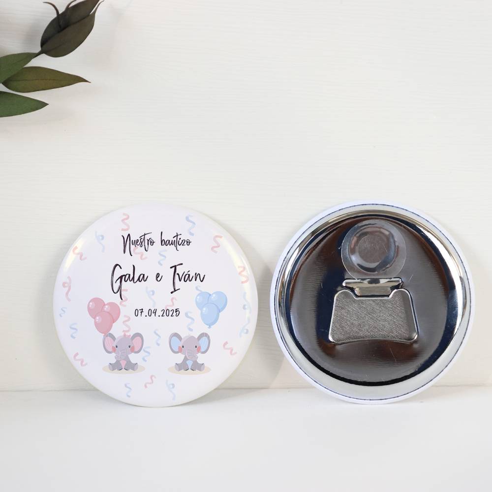 Abridor con imán personalizado "Mellizos Elefantes" detalles bautizo - Abridor Imán Personalizado Bautizo