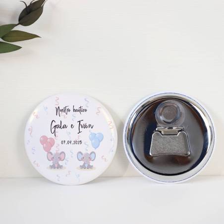 Abridor con imán personalizado "Mellizos Elefantes" detalles bautizo - Abridor Imán Personalizado Bautizo