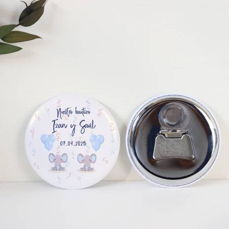 Abridor con imán personalizado "Gemelos Elefantes" detalles bautizo - Abridor Imán Personalizado Bautizo