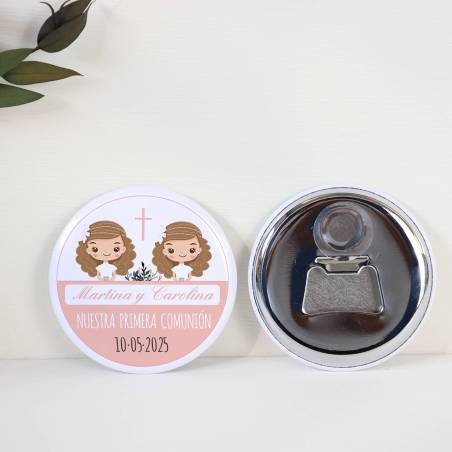 Abridor con imán personalizado "Gemelas" detalles comunión - Abridor Imán Personalizado Comunión