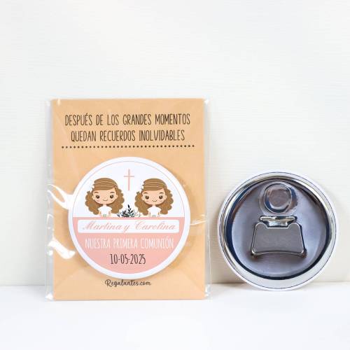 Abridor con imán personalizado "Gemelas" detalles comunión - Abridor Imán Personalizado Comunión