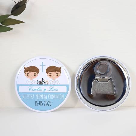 Abridor con imán personalizado "Gemelos" detalles comunión - Abridor Imán Personalizado Comunión