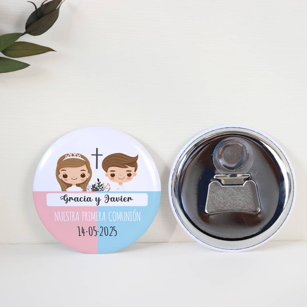 Abridor con imán personalizado "Mellizos" detalles comunión - Abridor Imán Personalizado Comunión