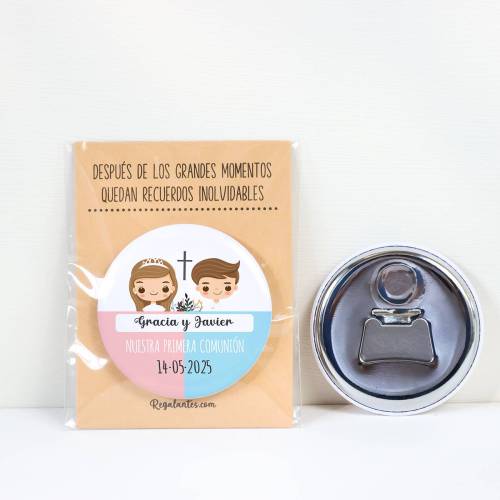 Abridor con imán personalizado "Mellizos" detalles comunión - Abridor Imán Personalizado Comunión