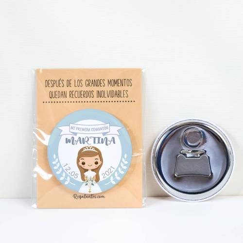 Abridor con imán personalizado "Martina Azul" detalles comunión - Abridor Imán Personalizado Comunión