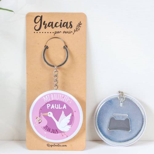 Llavero con abridor personalizado "Cigüeña" Detalles bautizo - Llaveros Abrebotellas Personalizados Bautizo