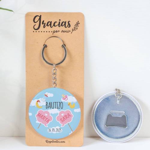 Llavero con abridor personalizado "Gemelas nubes" Detalles bautizo - Llaveros Abrebotellas Personalizados Bautizo