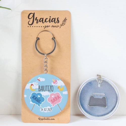 Llavero con abridor personalizado "Mellizos nubes" Detalles bautizo - Llaveros Abrebotellas Personalizados Bautizo