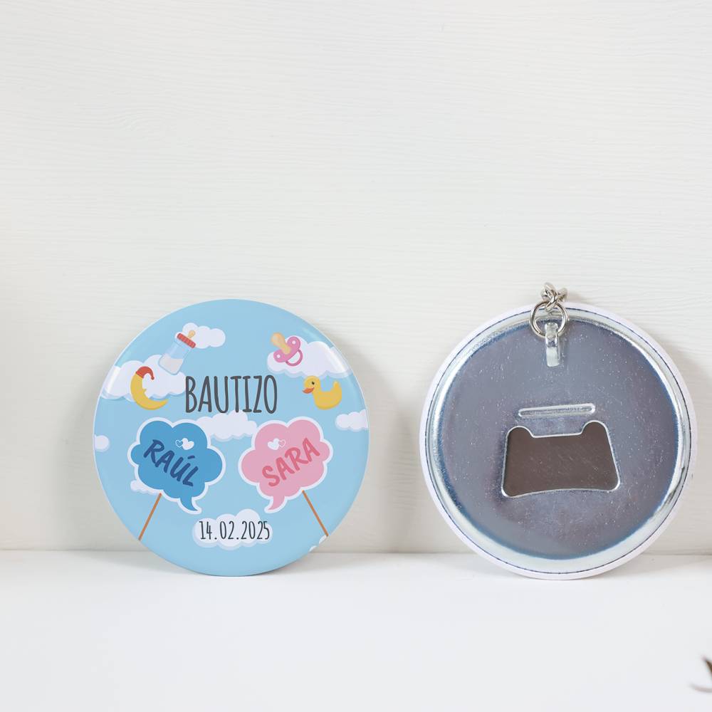 Llavero con abridor personalizado "Mellizos nubes" Detalles bautizo - Llaveros Abrebotellas Personalizados Bautizo