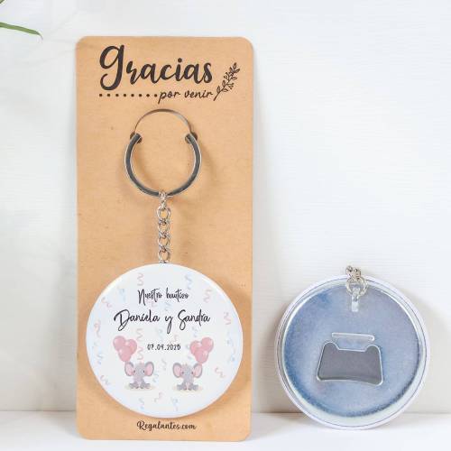 Llavero con abridor personalizado "Gemelas elefantes" Detalles de bautizo - Llaveros Abrebotellas Personalizados Bautizo