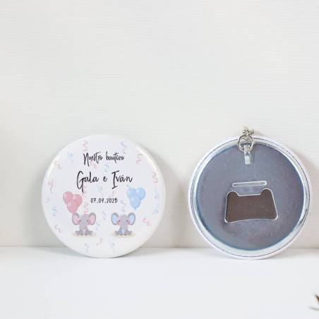 Llavero con abridor personalizado "Mellizos elefantes" Detalles de bautizo - Llaveros Abrebotellas Personalizados Bautizo