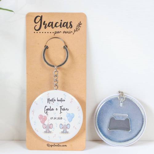 Llavero con abridor personalizado "Mellizos elefantes" Detalles de bautizo - Llaveros Abrebotellas Personalizados Bautizo