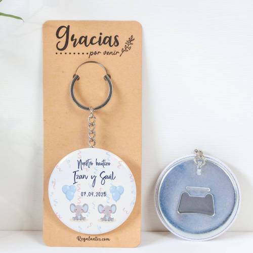 Llavero con abridor personalizado "Gemelos elefantes" Detalles bautizo - Llaveros Abrebotellas Personalizados Bautizo