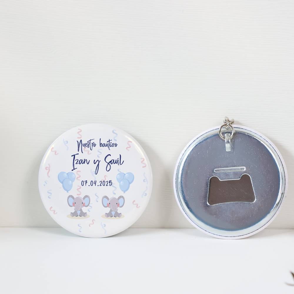 Llavero con abridor personalizado "Gemelos elefantes" Detalles bautizo - Llaveros Abrebotellas Personalizados Bautizo