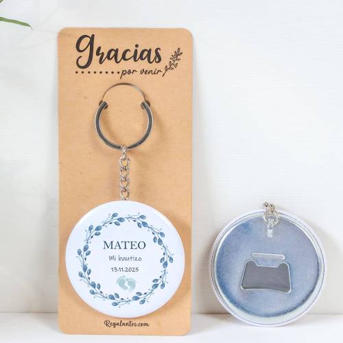 Llavero con abridor personalizado "Huellas niño" Detalles bautizo - Llaveros Abrebotellas Personalizados Bautizo