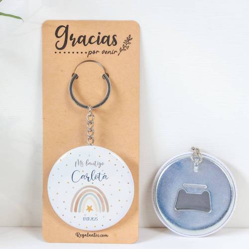 Llavero con abridor personalizado "Arcoiris" Detalles bautizo - Llaveros Abrebotellas Personalizados Bautizo