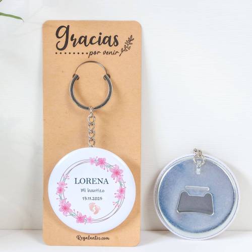 Llavero con abridor personalizado "Huellas niña" Detalles bautizo - Llaveros Abrebotellas Personalizados Bautizo