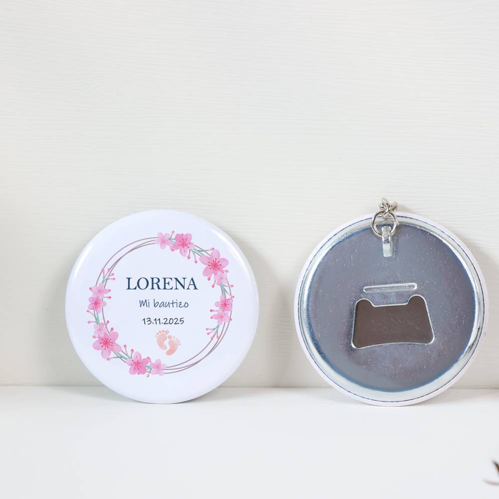 Llavero con abridor personalizado "Huellas niña" Detalles bautizo - Llaveros Abrebotellas Personalizados Bautizo