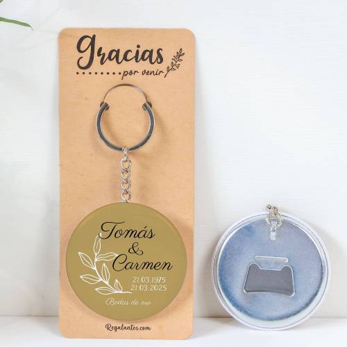 Llavero con abridor personalizado "Bodas de oro" Detalles de boda - Llaveros Abrebotellas Personalizados Boda