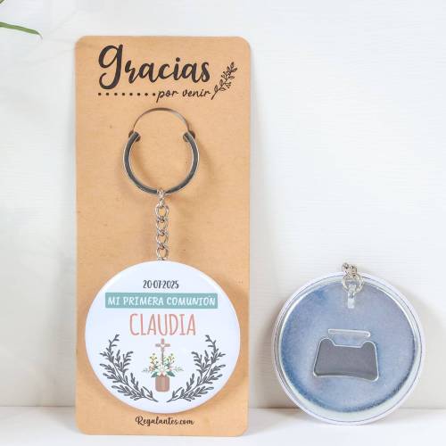 Llavero con abridor personalizado "Claudia" Detalles de comunión - Llaveros Abrebotellas Personalizados Comunión