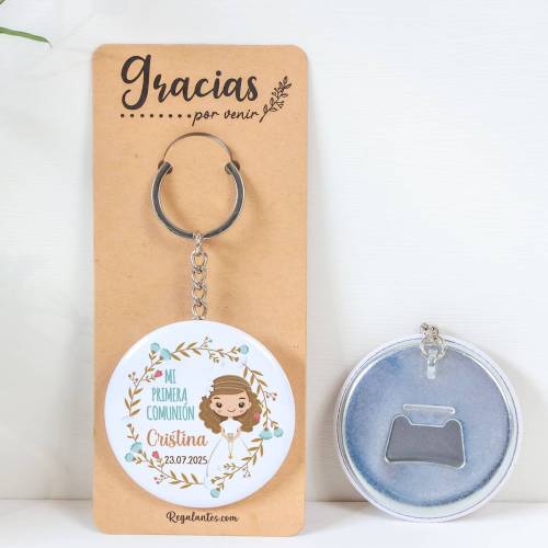 Llavero de chapa abridor personalizado Cristina para comunión - Llaveros Abrebotellas Personalizados Comunión