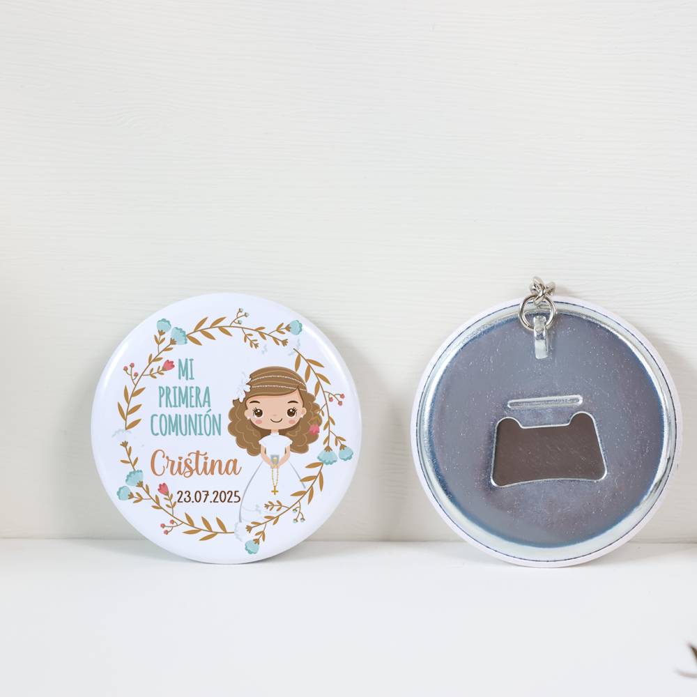 Llavero de chapa abridor personalizado Cristina para comunión - Llaveros Abrebotellas Personalizados Comunión