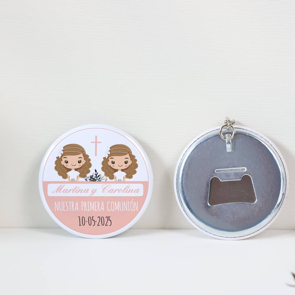 Llavero con abridor personalizado "Gemelas" Detalles de comunión - Llaveros Abrebotellas Personalizados Comunión