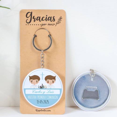 Llavero con abridor personalizado "Gemelos" Detalles de comunión - Llaveros Abrebotellas Personalizados Comunión