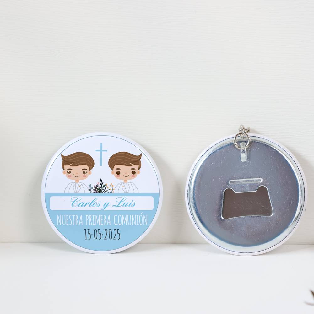 Llavero con abridor personalizado "Gemelos" Detalles de comunión - Llaveros Abrebotellas Personalizados Comunión