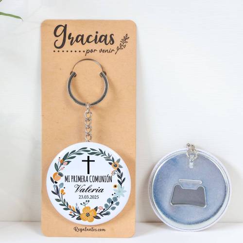 Llavero con abridor personalizado "Valeria" Detalles de comunión - Llaveros Abrebotellas Personalizados Comunión