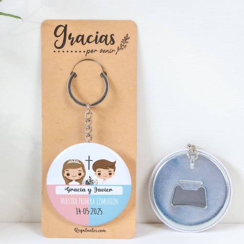 Llavero con abridor personalizado "Mellizos" Detalles de comunión - Llaveros Abrebotellas Personalizados Comunión