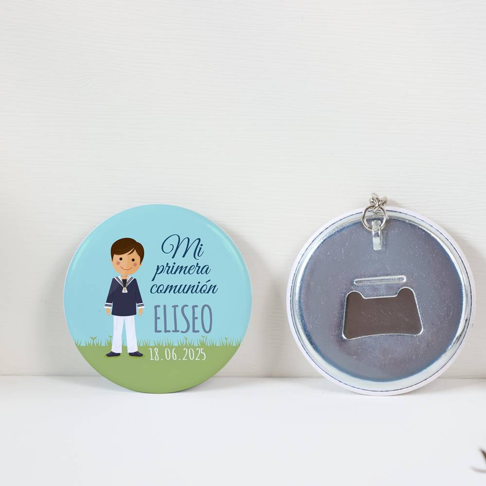 Llavero de chapa abridor personalizado Marcos detalles comunión - Llaveros Abrebotellas Personalizados Comunión